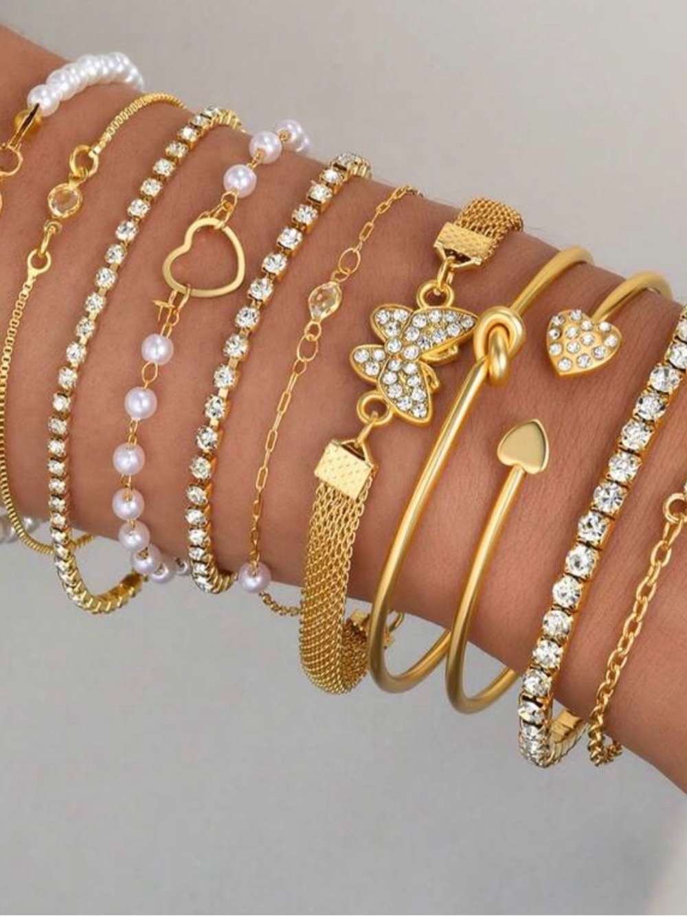 Gold Tone Women's Bracelet Set with Pearls and Crystal Accents